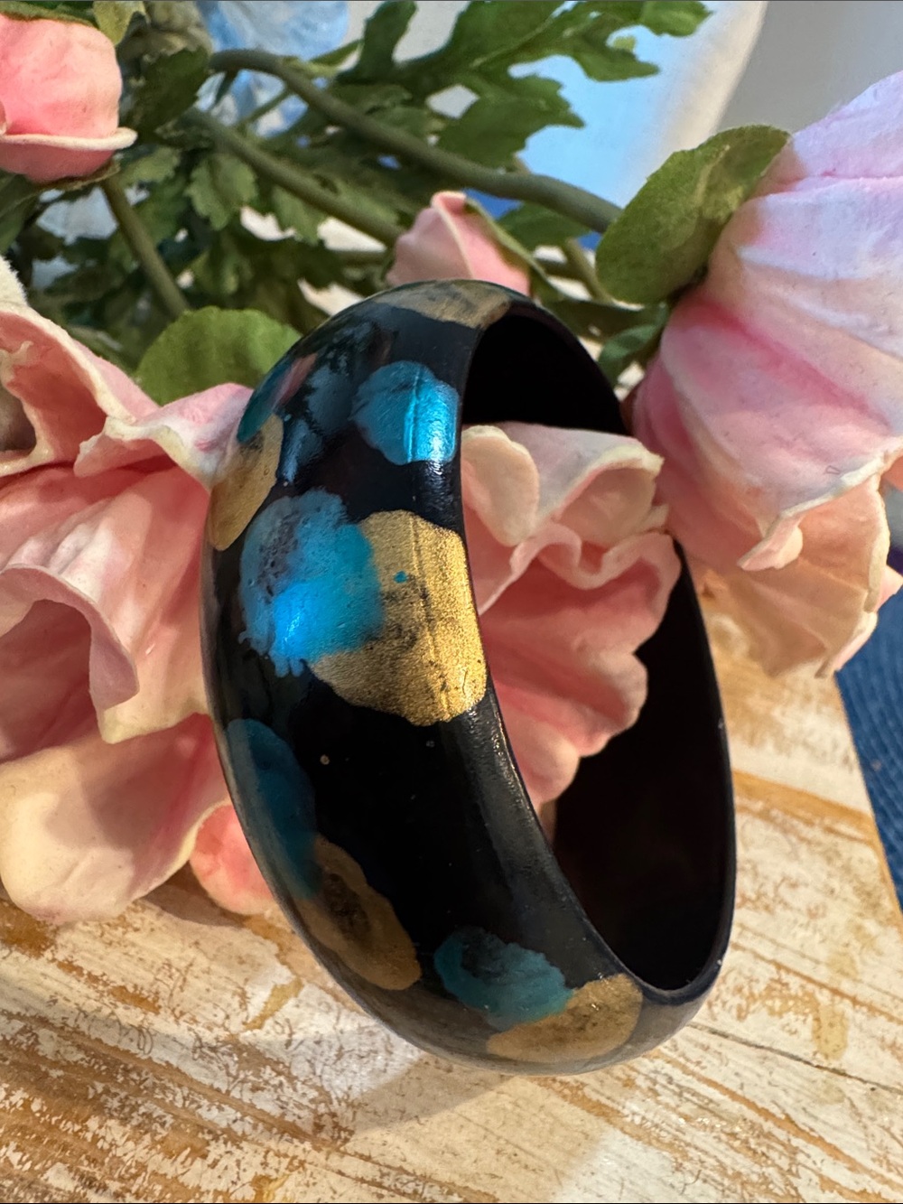 VTG Hand-Painted Black Resin Bangle with Teal and Gold Accents
